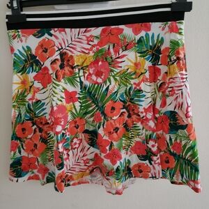 Women Tropical Hibiscus Print Skater Skirt Bright Floral Athletic Waist Size XL